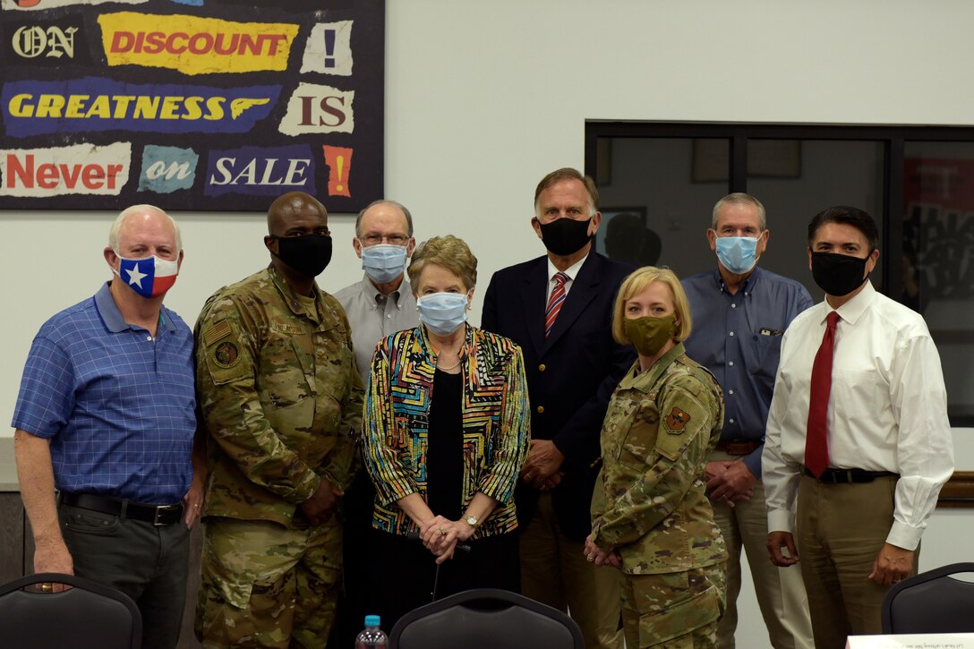 Members of Goodfellow leadership and the San Angelo City Council pose for a picture after a meet and greet lunch at the Cressman Dining Facility on Goodfellow Air Force Base, Texas, July 2, 2020. These meetings  allow Goodfellow and San Angelo community leaders to discuss previous and future agreements or partnerships. (U.S. Air Force photo by Senior Airman Zachary Chapman)