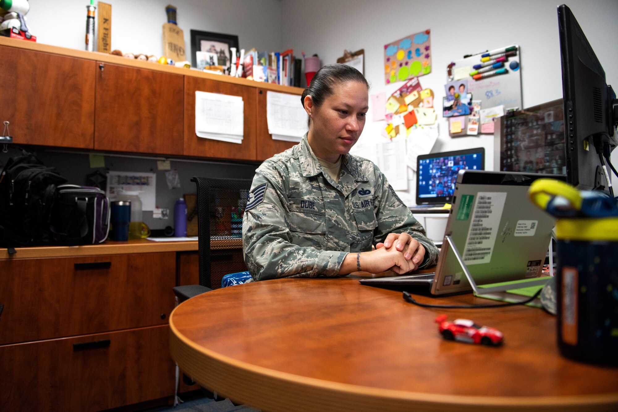 U.S. Air Force Tech. Sgt. Kristen Dube, Robert D. Gaylor Non-Commissioned Officer Academy (NCOA) senior instructor, evaluates Tech. Sgt. Kristen Peck, student instructor, during a virtual class June 23, 2020, at Joint Base San Antonio-Lackland, Texas.