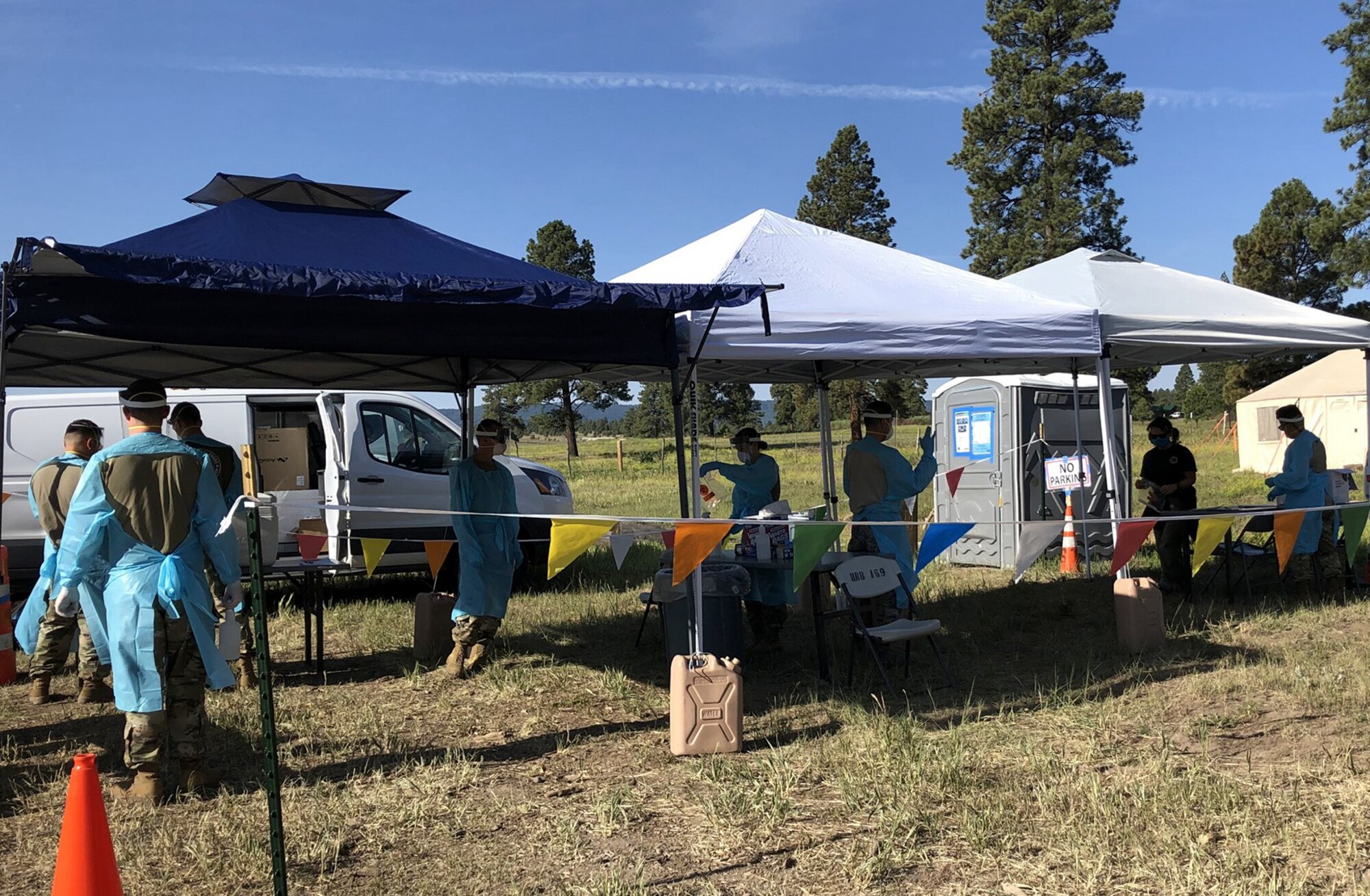 Members of the Colorado National Guard set up a COVID-19 testing site in Pagosa Springs, Colorado, June 29, 2020, to test wildland firefighting staff supporting fire suppression efforts in southwest Colorado.