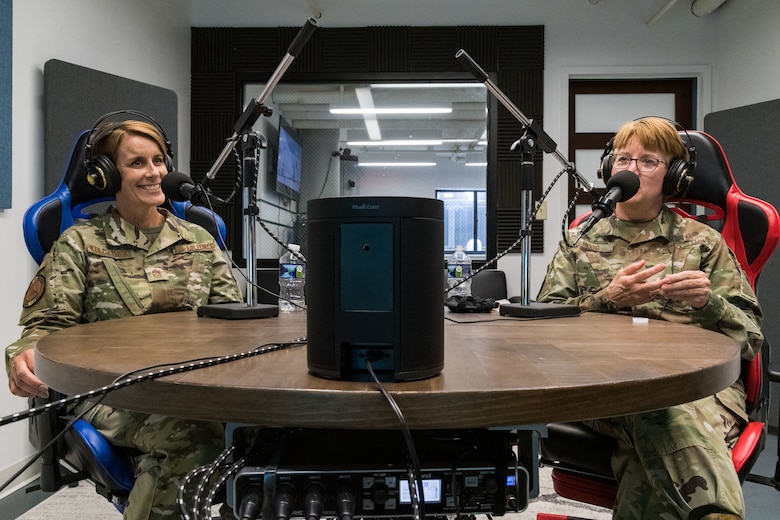 From the left, Chief Master Sgt. Dawn Kolczynski, U.S. Air Force surgeon general chief of medical operations, and Lt. Gen. Dorothy Hogg, U.S. Air Force surgeon general, were guests for a podcast from Dover's Bedrock Innovation Lab, June 26, 2020, at Dover Air Force Base, Delaware. Hogg and Kolczynski talked to podcast listeners about COVID-19, innovation and leadership from their perspectives. (U.S. Air Force photo by Roland Balik)
