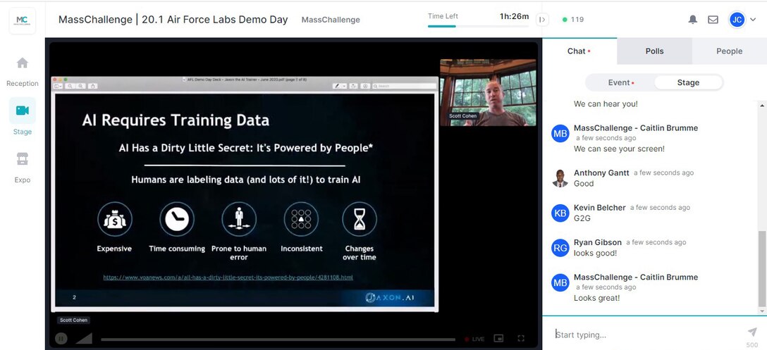 Scott Cohen, Jaxon.AI CEO, presents his pitch during The U.S. Air Force Labs with MassChallenge Demo Day event, June 30, on Hopin.