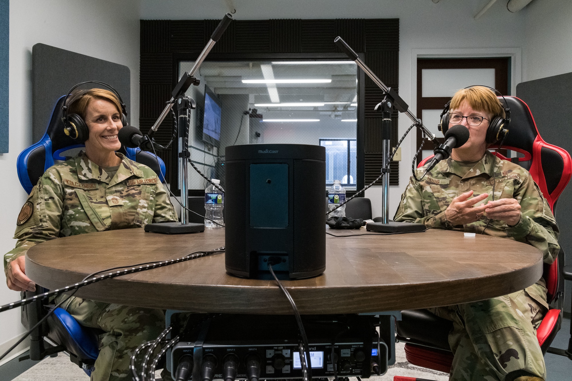 From the left, Chief Master Sgt. Dawn Kolczynski, U.S. Air Force surgeon general chief of medical operations, and Lt. Gen. Dorothy Hogg, U.S. Air Force surgeon general, were guests for a podcast from Dover’s Bedrock Innovation Lab, June 26, 2020, at Dover Air Force Base, Delaware. Hogg and Kolczynski talked to podcast listeners about COVID-19, innovation and leadership from their perspectives. (U.S. Air Force photo by Roland Balik)