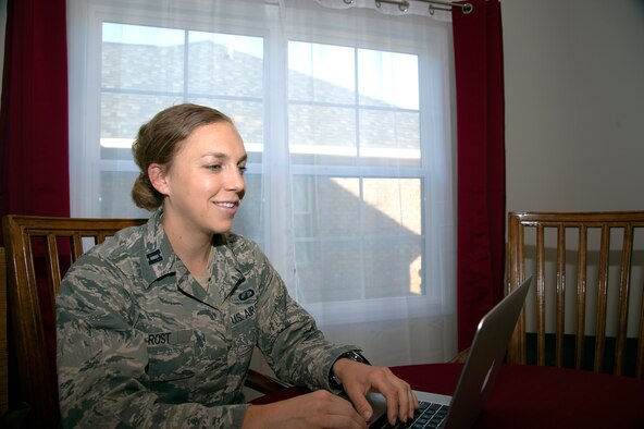 U.S. Air Force Reservist Capt. Erin Rost, United States Air Force Academy admissions liaison officer, conducts an interview with a prospective academy student while teleworking from home during the COVID-19 pandemic May 7, 2020, at Shaw Air Force Base, South Carolina.