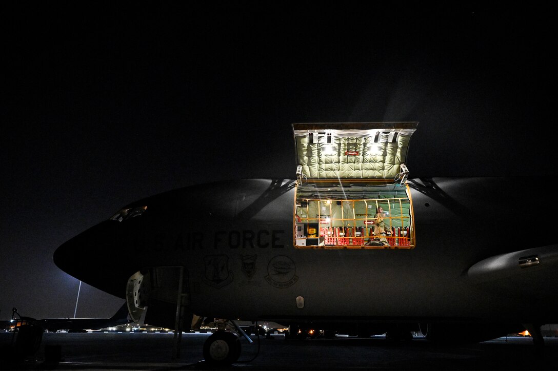 A U.S. Air Force KC-135 Stratotanker aircraft commander with the 340th Expeditionary Air Refueling Squadron, deployed to Al Udeid Air Base, Qatar, conducts pre-mission checklists at Al Udeid AB, June 16, 2020.  The 340th EARS conducted its first official mission since being reactivated at Al Udeid AB.  The 340th EARS, deployed with U.S. Air Forces Central Command, is responsible for delivering fuel to U.S. and coalition forces, enabling war-winning air power, deterrence, and stability to the region. (U.S. Air Force photo by Senior Master Sgt. Joshua L. DeMotts)