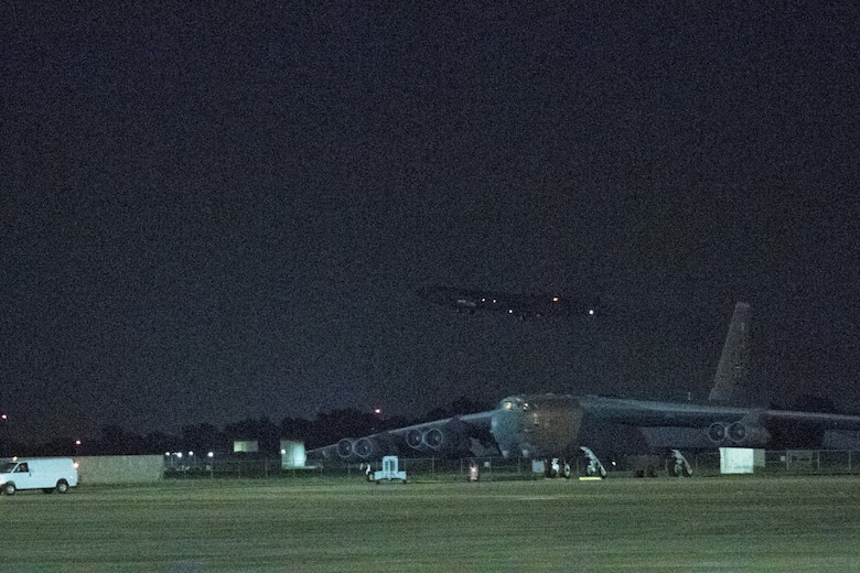 A B-52H Stratofortress takes off in support of a U.S. Strategic Command Bomber Task Force from the flight line at Barksdale Air Force Base, La., July 2, 2020. The USSTRATCOM regularly conducts BTF operations across the globe as a demonstration of U.S. commitment to collective defense and integration with Geographic Combatant Command operations and activities. (U.S. Air Force photo by Senior Airman Tessa B. Corrick)
