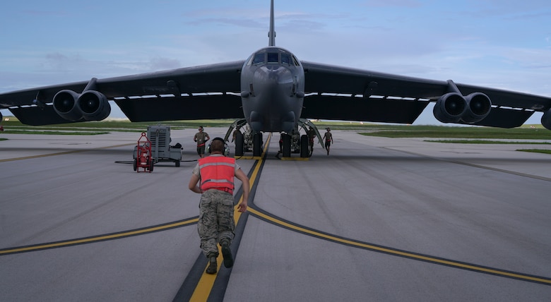 A U.S. Air Force B-52H Stratofortress bomber, deployed from Barksdale Air Force Base, La., lands at Andersen Air Force Base, Guam, July 4, 2020. The B-52 flew the 28-hour mission to demonstrate U.S. Indo-Pacific Command’s commitment to the security and stability of the Indo-Pacific region. (U.S. Air Force photo by Master Sgt. Richard P. Ebensberger)