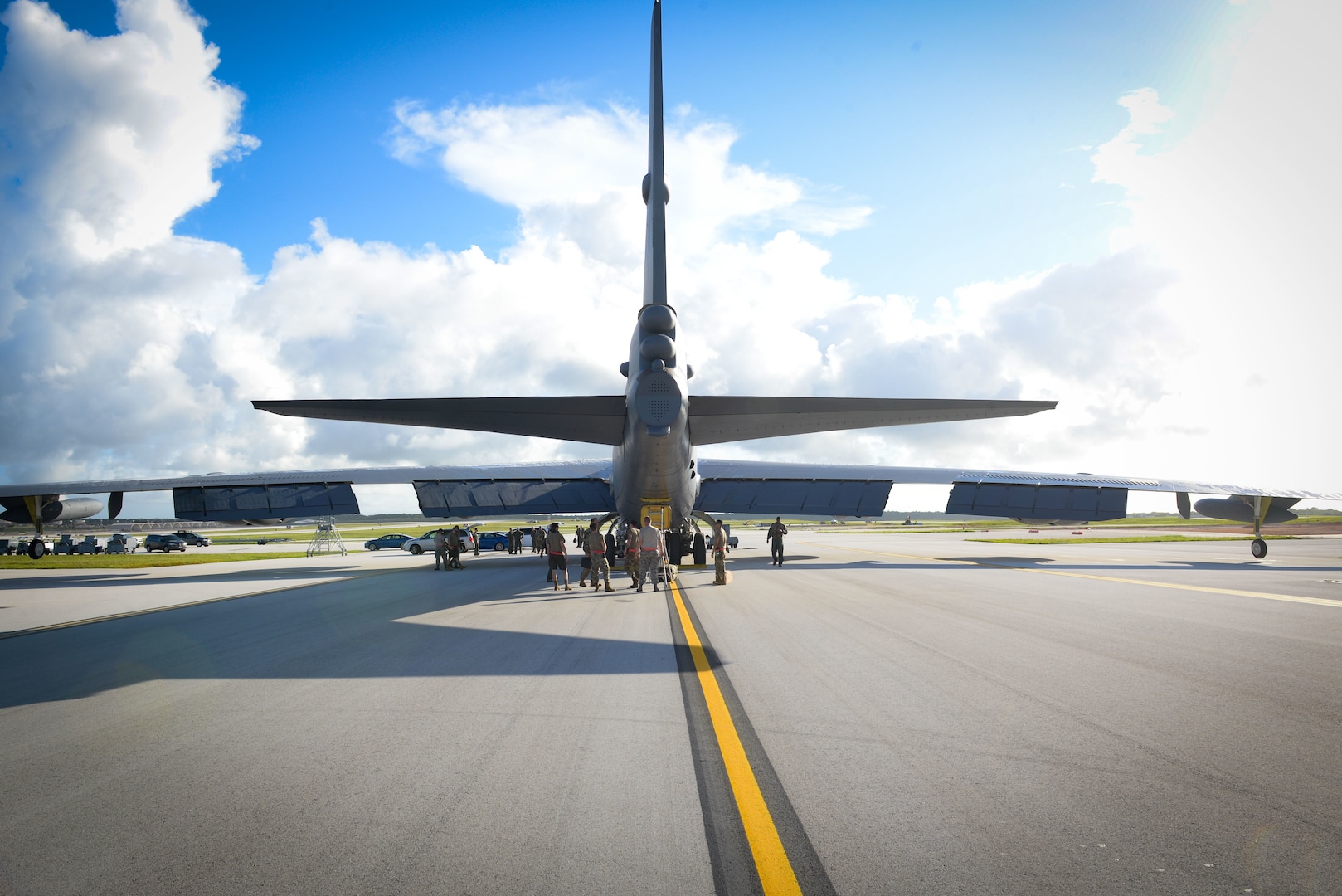 A U.S. Air Force B-52H Stratofortress bomber, deployed from Barksdale Air Force Base, La. lands at Andersen Air Base, Guam, July 4, 2020. The B-52 flew the 28-hour mission to demonstrate U.S. Indo-Pacific Command’s commitment to the security and stability of the Indo-Pacific region. (U.S. Air Force photo by Staff Sgt. Nicholas Crisp)