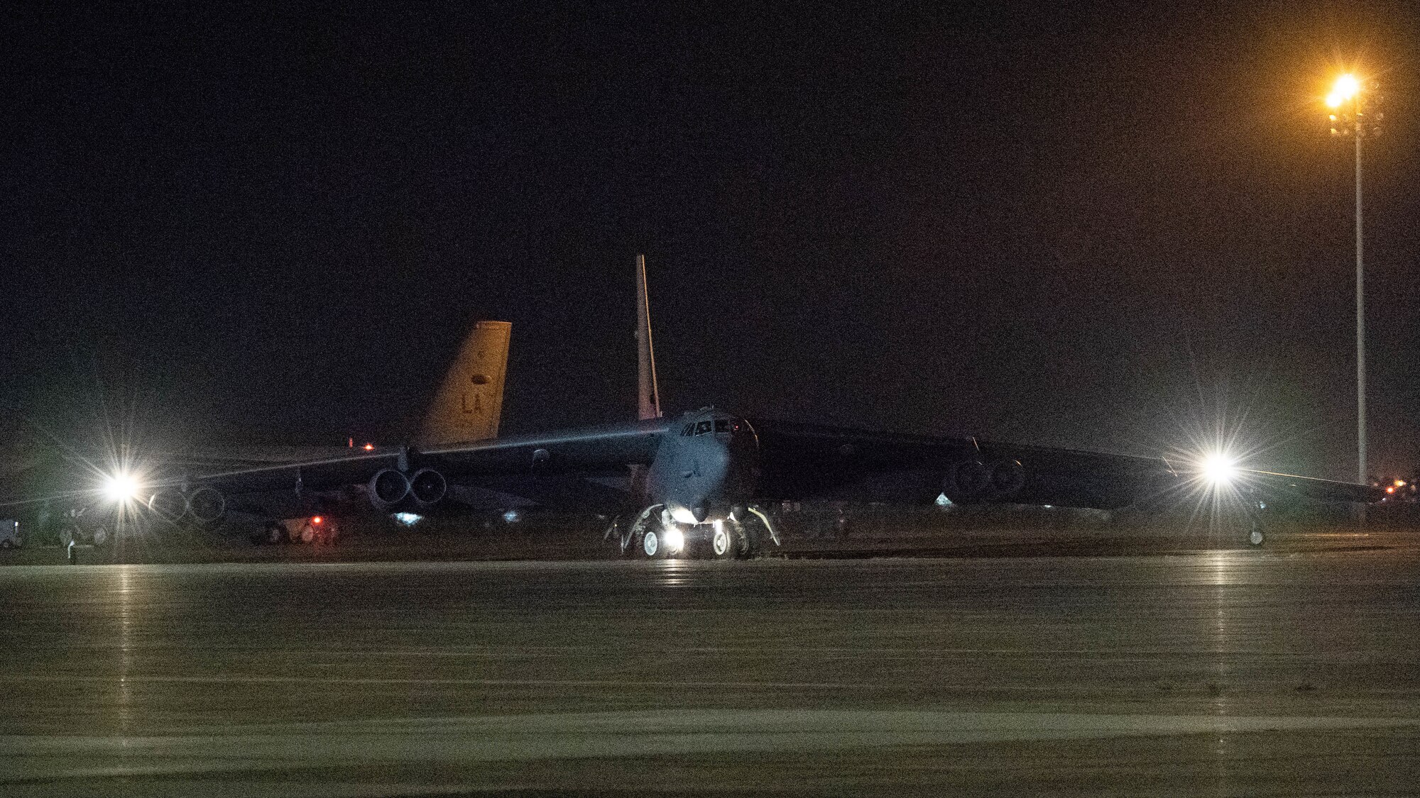 A B-52H Stratofortress taxis down the flight line to take off in support of a U.S. Strategic Command Bomber Task Force from Barksdale Air Force Base, La., July 2, 2020. USSTRATCOM BTF operations provide opportunities to work and train with allies and partners, and strengthen capabilities. (U.S. Air Force photo by Senior Airman Tessa B. Corrick)