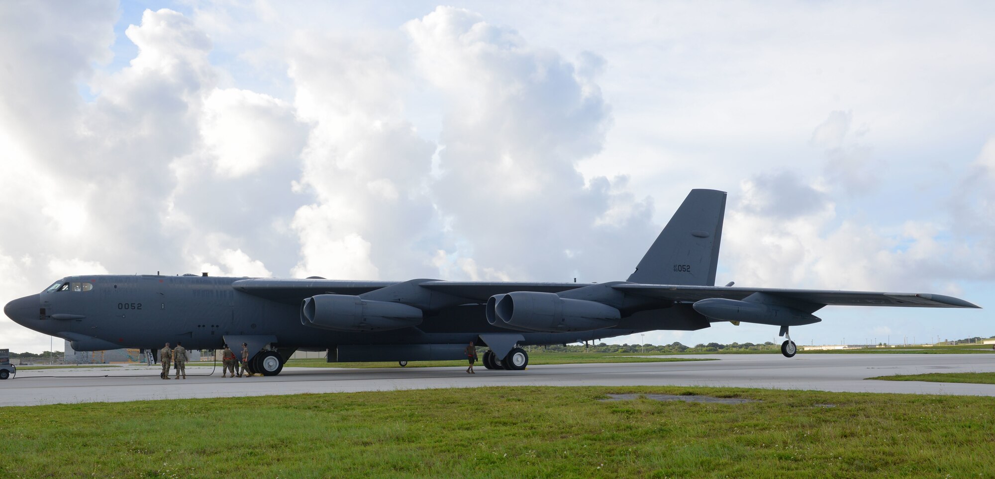 A U.S. Air Force B-52H Stratofortress bomber, deployed from Barksdale Air Force Base, La. lands at Andersen Air Base, Guam, July 4, 2020. The B-52 flew the 28-hour mission to demonstrate U.S. Indo-Pacific Command’s commitment to the security and stability of the Indo-Pacific region. (U.S. Air Force photo by Staff Sgt. Nicholas Crisp)