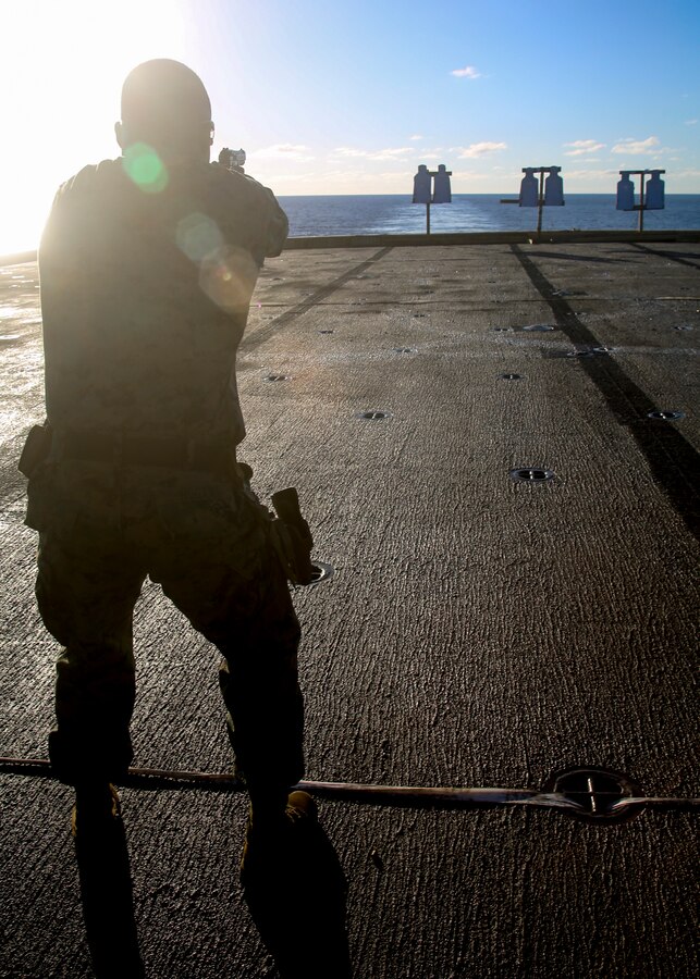 200703-M-MV109-1004  ATLANTIC OCEAN (July 3, 2020) Staff Sgt. DeRon Hogans, career planner, assigned to Headquarters and Service Company, Battalion Landing Team 2/8, 26th Marine Expeditionary Unit (MEU), fires an M9 pistol from the 15-yard line during a live-fire training range aboard the amphibious transport dock USS New York (LPD 21) July 3, 2020. 26th MEU is conducting operations in U.S. 6th Fleet in support of regional allies and partners, and U.S. national security interests in Europe and Africa.  (U.S. Marine Corps photo by Staff Sgt. Patricia A. Morris/Released)