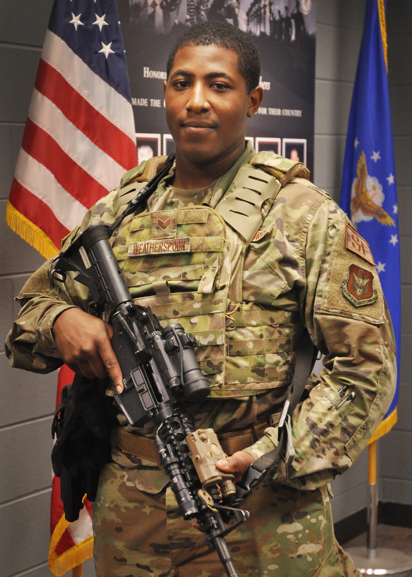 Staff Sgt. Daryn Weatherspoon, 445th Security Forces Squadron unit training instructor, is the 445th Airlift Wing July Spotlight Performer.