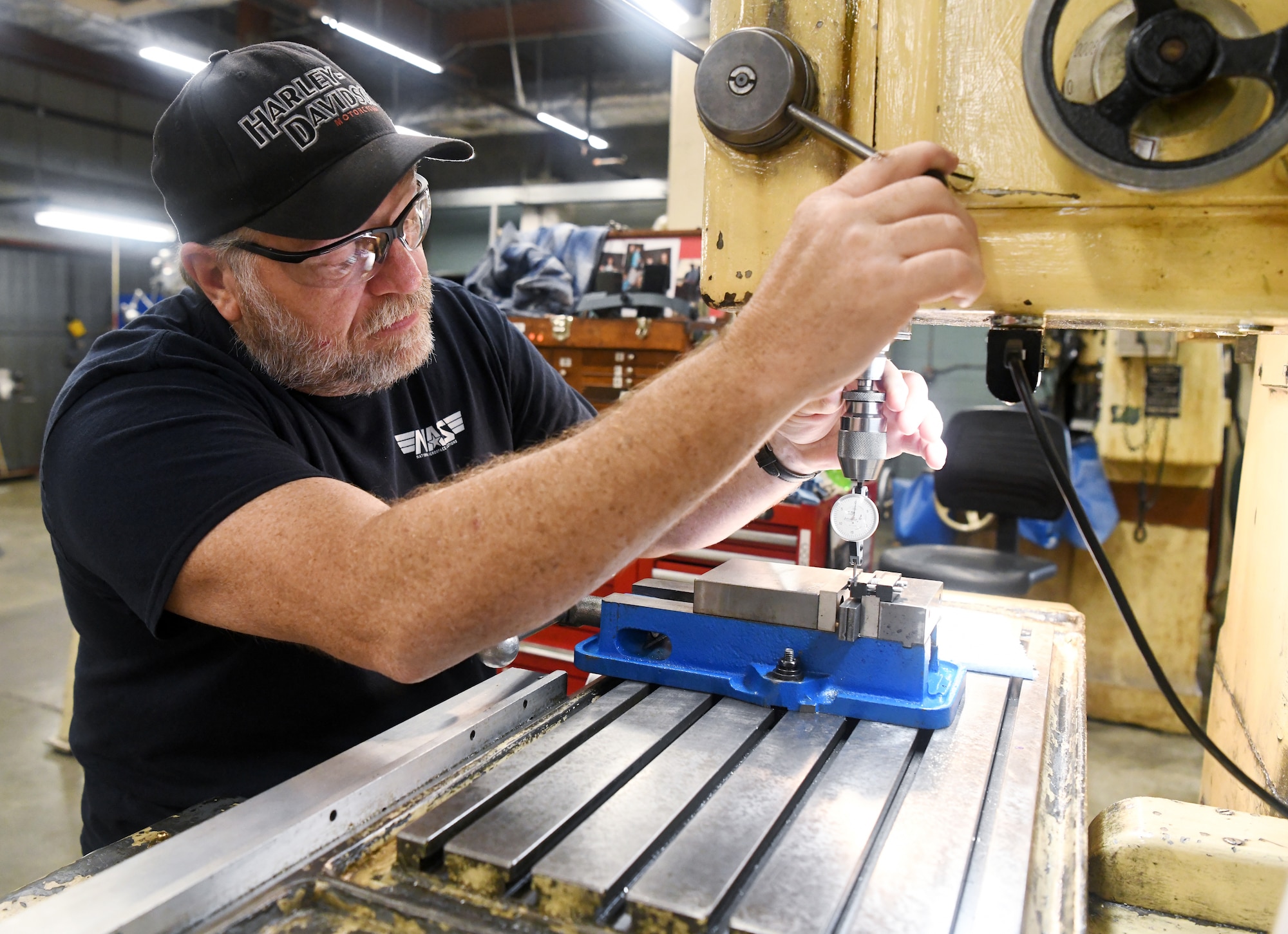 Gregg Adams, an inside machinist, locates the position of a hole in a 3D printed part of a test model so he can determine if it needs to be re-bored May 5 in the Model & Machine Shop at Arnold Air Force Base. (U.S. Air Force photo by Jill Pickett)