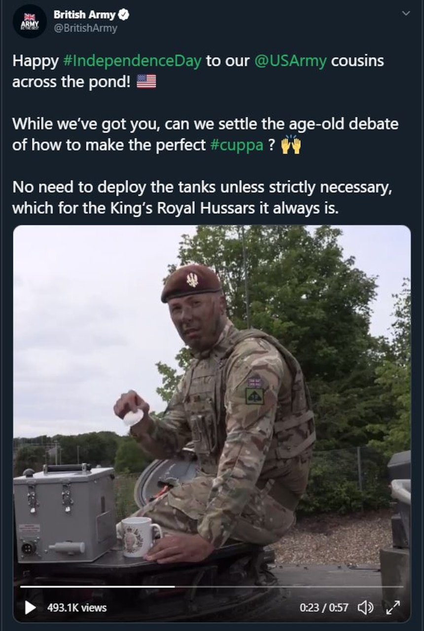 Screenshot of a tweet by the British Army offering tea-making expertise.