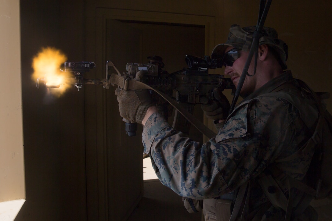 U.S. Marines provide security during Marine Air Ground Task Force Warfighting Exercise 5-20 at Marine Air Ground Combat Center Twentynine Palms, Calif., June 25.