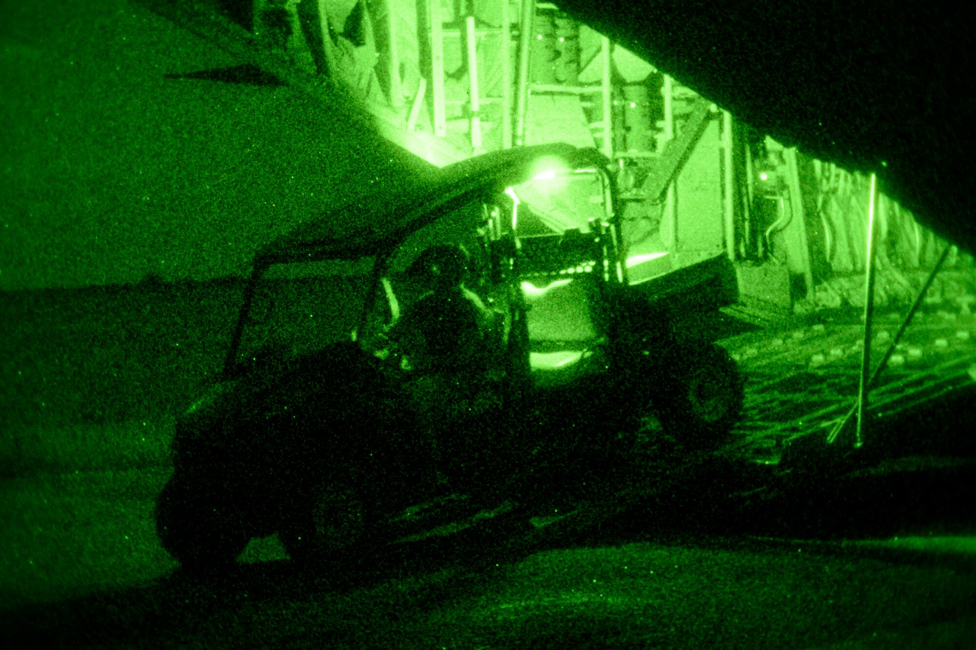 A vehicle is driven off a C-130J Super Hercules assigned to the 75th Expeditionary Airlift Squadron (EAS) during unloading operations in Somalia, June 28, 2020. The 75th EAS provides strategic airlift capabilities across the Combined Joint Task Force - Horn of Africa (CJTF-HOA) area of responsibility. (U.S. Air Force photo by Tech. Sgt. Christopher Ruano)