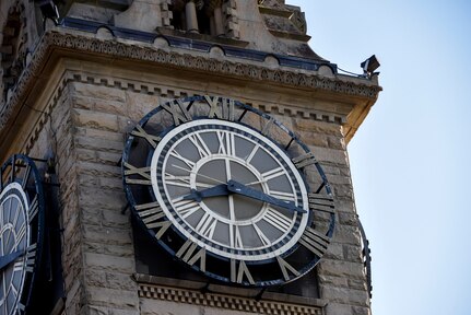 The Wood County Courthouse clock in Bowling Green, Ohio, July 6, 2020. The clock stopped working in November 2019, until a 180th Fighter Wing Airman created a replacement part for the clock.