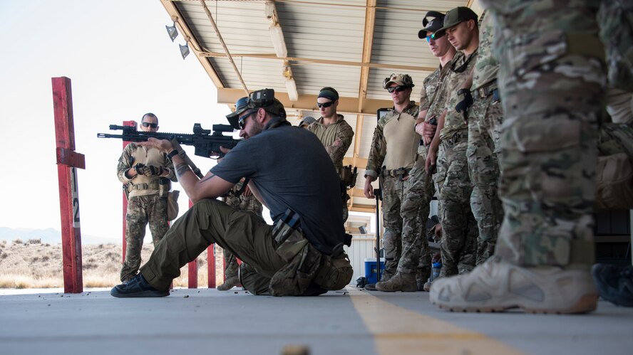A photo of an Airman practicing combat marksmanship