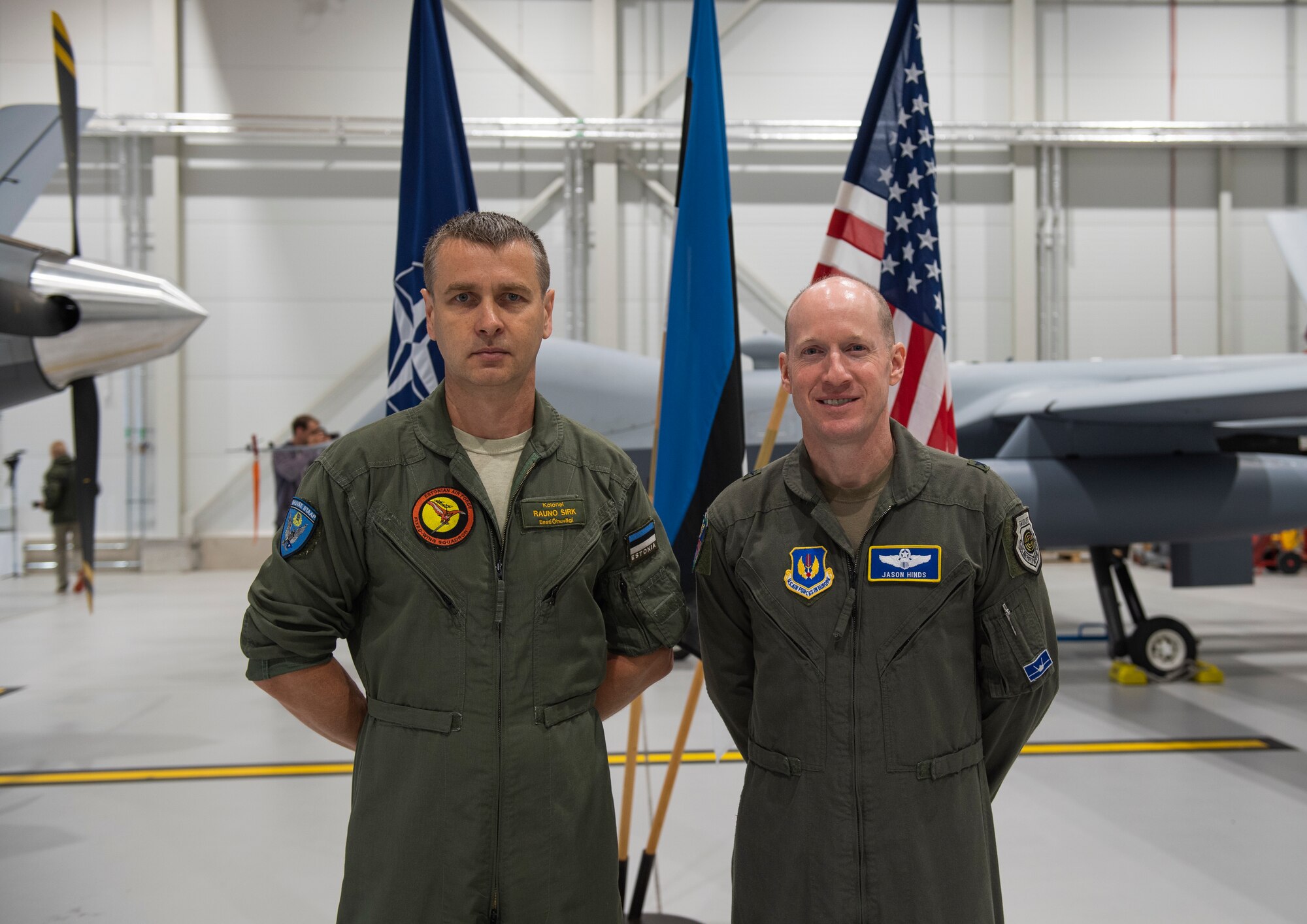 U.S. Air Force Brig. Gen. Jason Hinds, Deputy Director of Operations, Strategic Deterrence and Nuclear Integration and the United States Air Forces in Europe and United States Air Forces Africa Air Operations Center Director, right, poses for a photo with Colonel Rauno Sirk, Estonian air force commander, at Amari Air Base, Estonia, July 1, 2020. The MQ-9 Reaper is deployed to Amari AB for the first time in history. (U.S. Air Force photo by Airman 1st Class Alison Stewart)