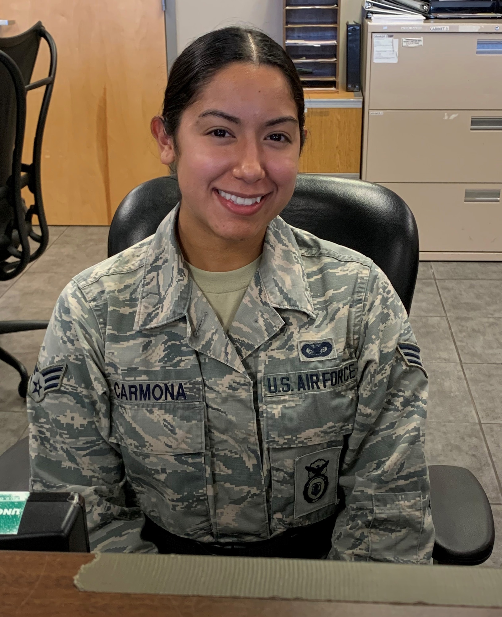 Senior Airman Alyssa Carmona, with the 72nd Security Forces Squadron, is a Visitor Control Center badging clerk.