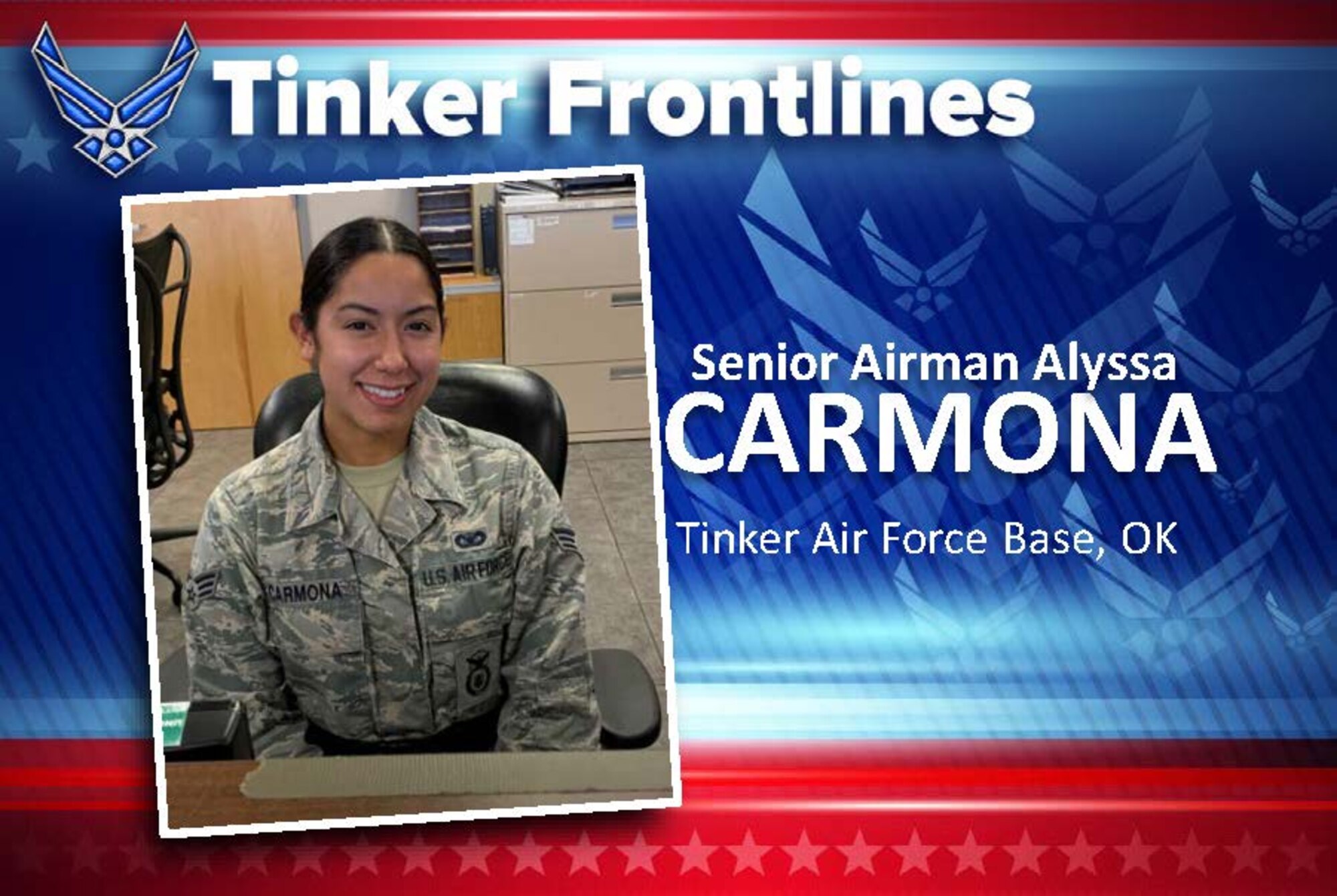 Senior Airman Alyssa Carmona, with the 72nd Security Forces Squadron, is a Visitor Control Center badging clerk.