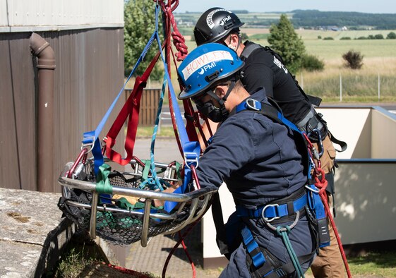 Airman 1st Class Samuel Lofton, 52nd Civil Engineer Squadron Fire and Emergency Services firefighter, participates in a Rescue Technician course at Spangdahlem Air Base, Germany, June 23, 2020. One of the core tasks and responsibilities of the 52nd FES flight is to provide technical rescue capabilities to the base populous at a moment’s notice. (U.S. Air Force photo by Senior Airman Melody W. Howley)