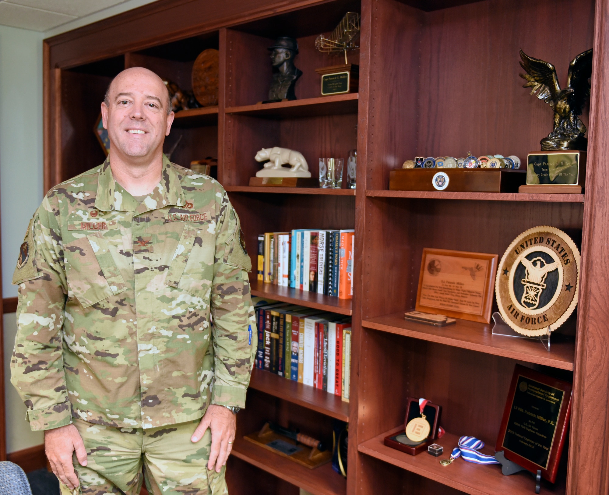 Col. Patrick G. Miller, 88th Air Base Wing and installation commander, talks about his new role as commander at Wright-Patterson Air Force Base, Ohio during an interview on June 19, 2020. (U.S. Air Force photo by Ty Greenlees)