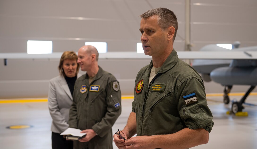 Colonel Rauno Sirk, commander of the Estonian air force, addresses Estonian media at Amari Air Base, Estonia, July 1, 2020. Sirk attended a media day at Amari AB alongside U.S. Air Force Brig. Gen Jason Hinds, Deputy Director of Operations, Strategic Deterrence and Nuclear Integration and the United States Air Forces in Europe and United States Air Forces Africa Air Operations Center Director, to discuss the MQ-9 Reaper's deployment to Estonia. The United States and Estonia must preserve our mutual commitment and
trust in each other as we face emerging malignant forces and evolving strategic challenges. (U.S. Air Force photo by Airman 1st Class Alison Stewart)