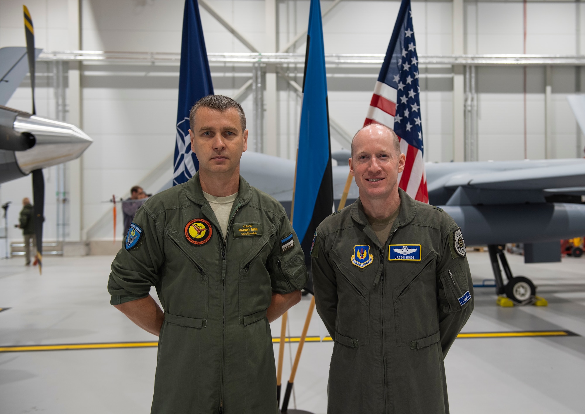 U.S. Air Force Brig. Gen. Jason Hinds, Deputy Director of Operations, Strategic Deterrence and Nuclear Integration and the United States Air Forces in Europe and United States Air Forces Africa Air Operations Center Director, right, poses for a photo with Colonel Rauno Sirk, Estonian air force commander, at Amari Air Base, Estonia, July 1, 2020. The MQ-9 Reaper is deployed to Amari AB for the first time in history. (U.S. Air Force photo by Airman 1st Class Alison Stewart)