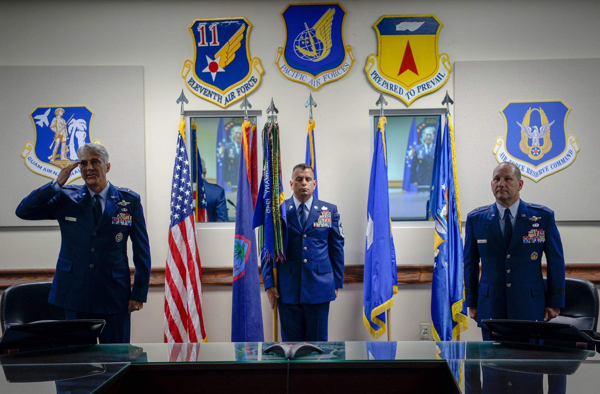 U.S. Air Force Brig. Gen. Jeremy T. Sloane takes command of the 36th Wing from outgoing commander, Brig. Gen. Gentry W. Boswell, during a change of command ceremony July 8, 2020, at Andersen Air Force Base, Guam.