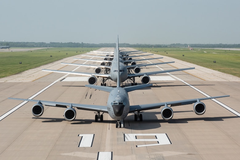 One KC-135 Stratotanker and seven KC-46A Pegasus perform an elephant walk July 1, 2020, at McConnell Air Force Base, Kansas. McConnell’s tanker aircrews and maintenance personnel were tested on their ability to rapidly generating multiple sorties during a weather evacuation exercise. (U.S. Air Force photo by Staff Sgt. Chris Thornbury)