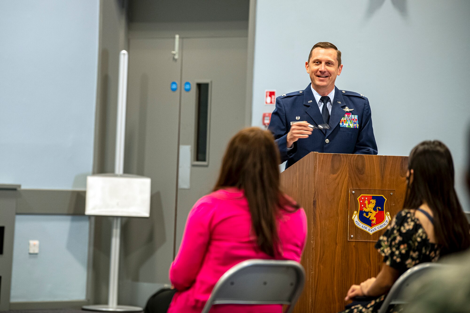 U.S. Air Force Col. Jon T. Hannah, 422d Air Base Group commander, speaks during the 422d Medical Squadron assumption of command ceremony, at RAF Croughton, England, July 7, 2020. An assumption of command is a military tradition that represents a formal assumption of a unit’s authority and responsibility by a commander. (U.S. Air Force photo by Senior Airman Eugene Oliver)