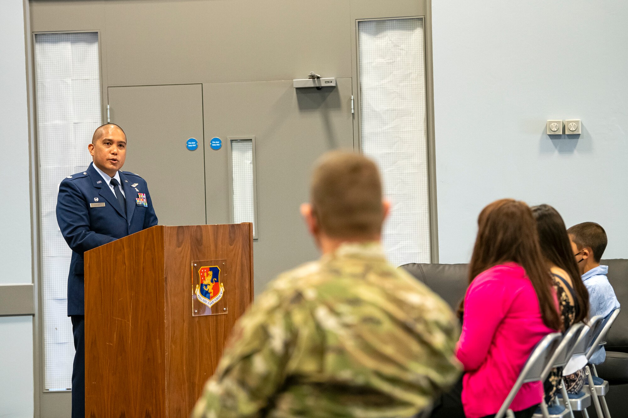 U.S. Air Force Lt. Col. Dino Quijano, 422d Medical Squadron incoming commander, speaks during an assumption of command ceremony at RAF Croughton, July 7,2020. Quijano previously served as the 11th Medical Operations Squadron Family Health Clinic Flight Commander at Malcolm Grow Medical Clinics and Surgery Center, Joint Base Andrews, Md. (U.S Air Force photo by Senior Airman Eugene Oliver)