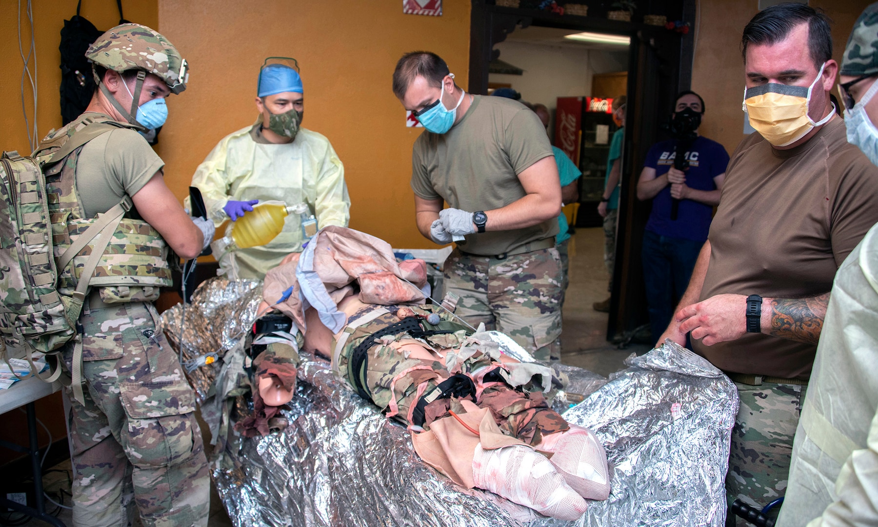 Members of the 555th Forward Surgical Team assess a simulated patient during training with Brooke Army Medical Center’s Strategic Trauma Readiness Center of San Antonio.