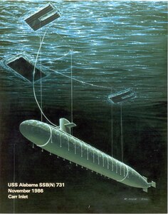 An artist’s conceptual drawing of USS Alabama (SSBN 731) static site acoustic trial at the Carr Inlet Acoustic Range.