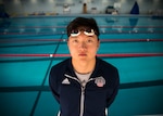U.S. Air Force Airman 1st Class Michael Yoo, 366th Maintenance Squadron avionics backshop technician, stands poolside at the fitness center Nov. 18, 2019, on Mountain Home Air Force Base, Idaho. During the 2019 CISM Military World Games, Yoo competitively swam against the world’s best military athletes in the 100 meter free, 50 meter breast and 4x100 medley relay. (U.S. Air Force photo by Airman 1st Class Andrew Kobialka)