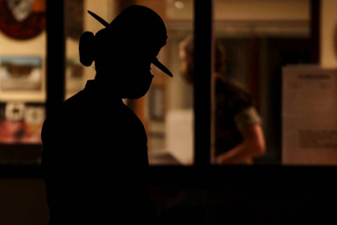 A Marine shown in silhouette.