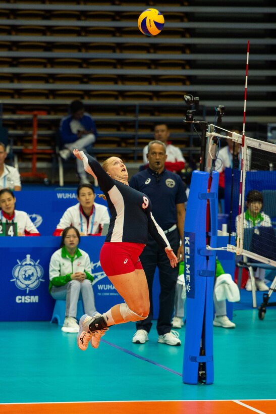 U.S. Air Force Capt. Abby Hall, U.S Armed Forces Women’s Volleyball Team member, goes for a spike during the 7th Conseil International du Sport Militaire World Games in Wuhan, China Oct. 22, 2019. The U.S. team defeated Canada in five sets. (U.S. DoD photo by Staff Sgt. Vito T. Bryant)