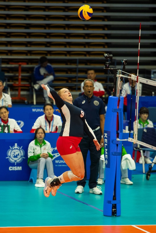 U.S. Air Force Capt. Abby Hall, U.S Armed Forces Women’s Volleyball Team member, goes for a spike during the 7th Conseil International du Sport Militaire World Games in Wuhan, China Oct. 22, 2019. The U.S. team defeated Canada in five sets. (U.S. DoD photo by Staff Sgt. Vito T. Bryant)