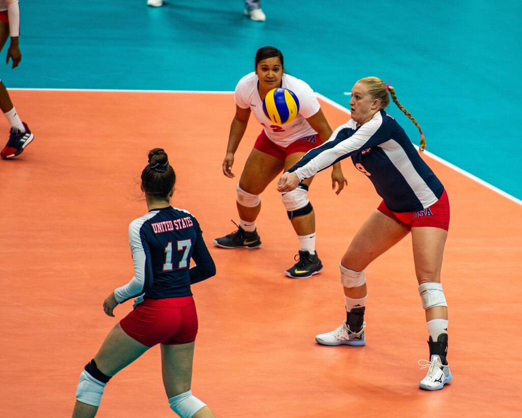 U.S. Air Force Capt. Abby Hall, U.S Armed Forces Women’s Volleyball Team member, bumps during the 7th Conseil International du Sport Militaire World Games in Wuhan, China Oct. 22, 2019. The U.S. team defeated Canada in five sets. (U.S. DoD photo by Staff Sgt. Vito T. Bryant)