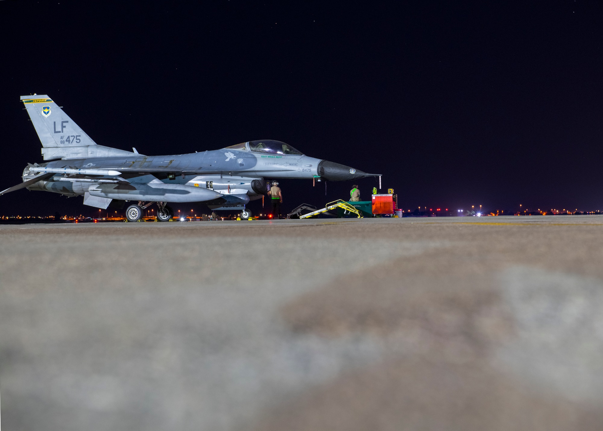 An F-16C Fighting Falcon, assigned to the 310th Fighter Squadron, parks after a flight June 23, 2020, at Luke Air Force Base, Ariz.