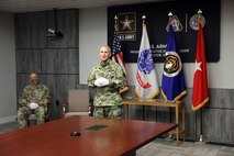 Brig. Gen. Anthony Potts, Program Executive Officer (PEO) Soldier, welcomed Sgt. Maj. Vern Daley as PEO Soldier’s Sergeant Major during the Assumption of Responsibility ceremony at Fort Belvoir, Va on 19 June 2020.