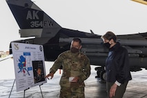 U.S. Air Force Lt. Col. Russell Reese, the 354th Range Squadron commander, briefs Secretary of the Air Force Barbara M. Barrett on the Joint Pacific Alaska Range Complex (JPARC) during her visit to Eielson Air Force Base, Alaska, July 7, 2020. Reese briefed Barrett on the 354th Range Squadron’s mission which is dedicated to modernizing the JPARC infrastructure to provide necessary training aids to hone warfighter skills. (U.S. Air Force photo by Airman 1st Class Aaron Larue Guerrisky)