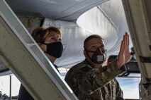 U.S. Air Force Senior Master Sgt. Raymond Allen, an Airman assigned to the 168th Aircraft Maintenance Squadron, shows Secretary of the Air Force Barbara M. Barrett part of a KC-135 Stratotanker at Eielson Air Force Base, Alaska, July 7, 2020. Part of the tour focused on the 168th Wing’s mission to provide air refueling, missile warning, and space surveillance for the state and nation. (U.S. Air Force photo by Airman 1st Class Aaron Larue Guerrisky)