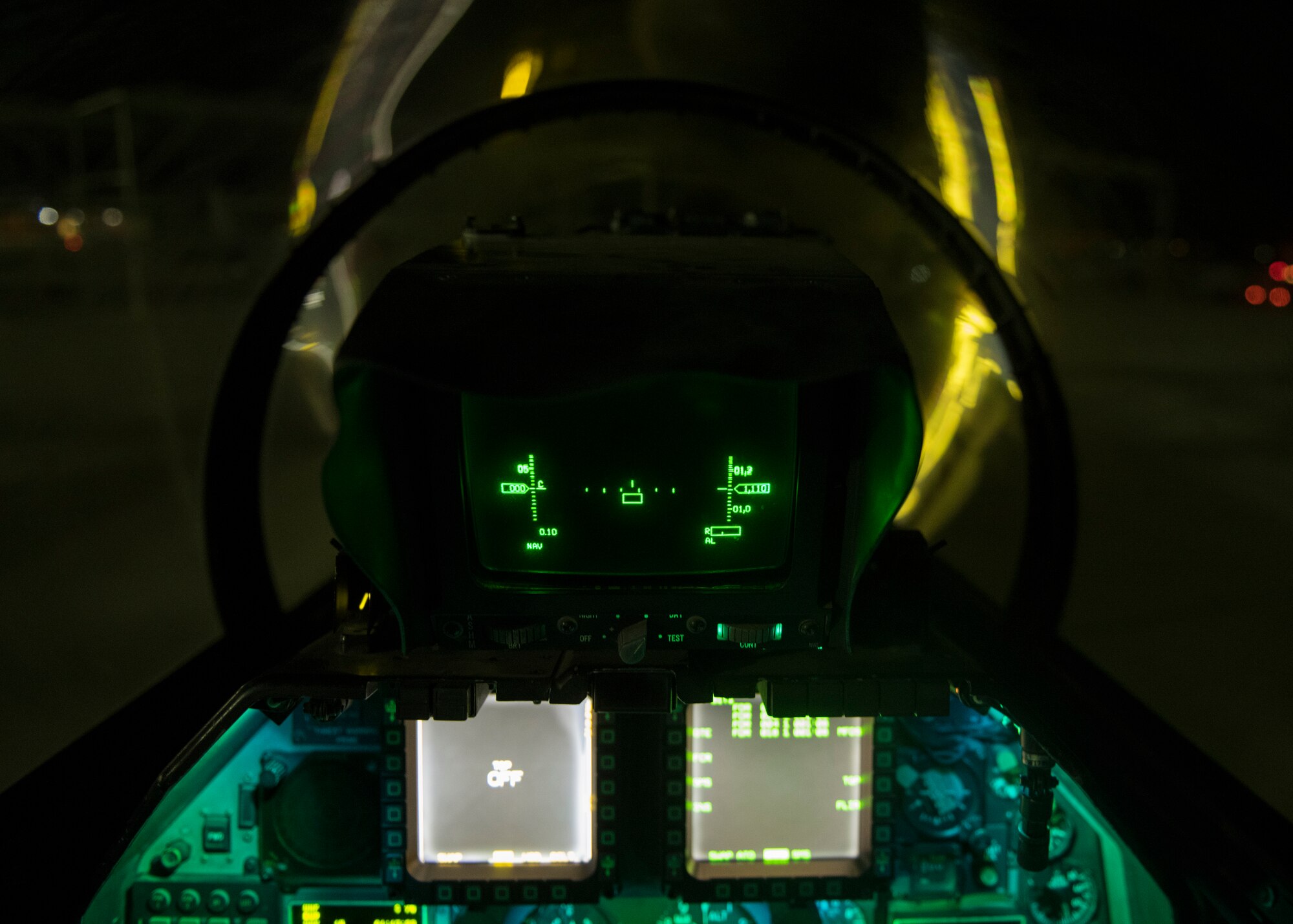Nighttime display panels illuminate the backseat control panel of an F-16D Fighting Falcon assigned to the 310th Fighter Squadron, June 24, 2020, at Luke Air Force Base, Ariz.
