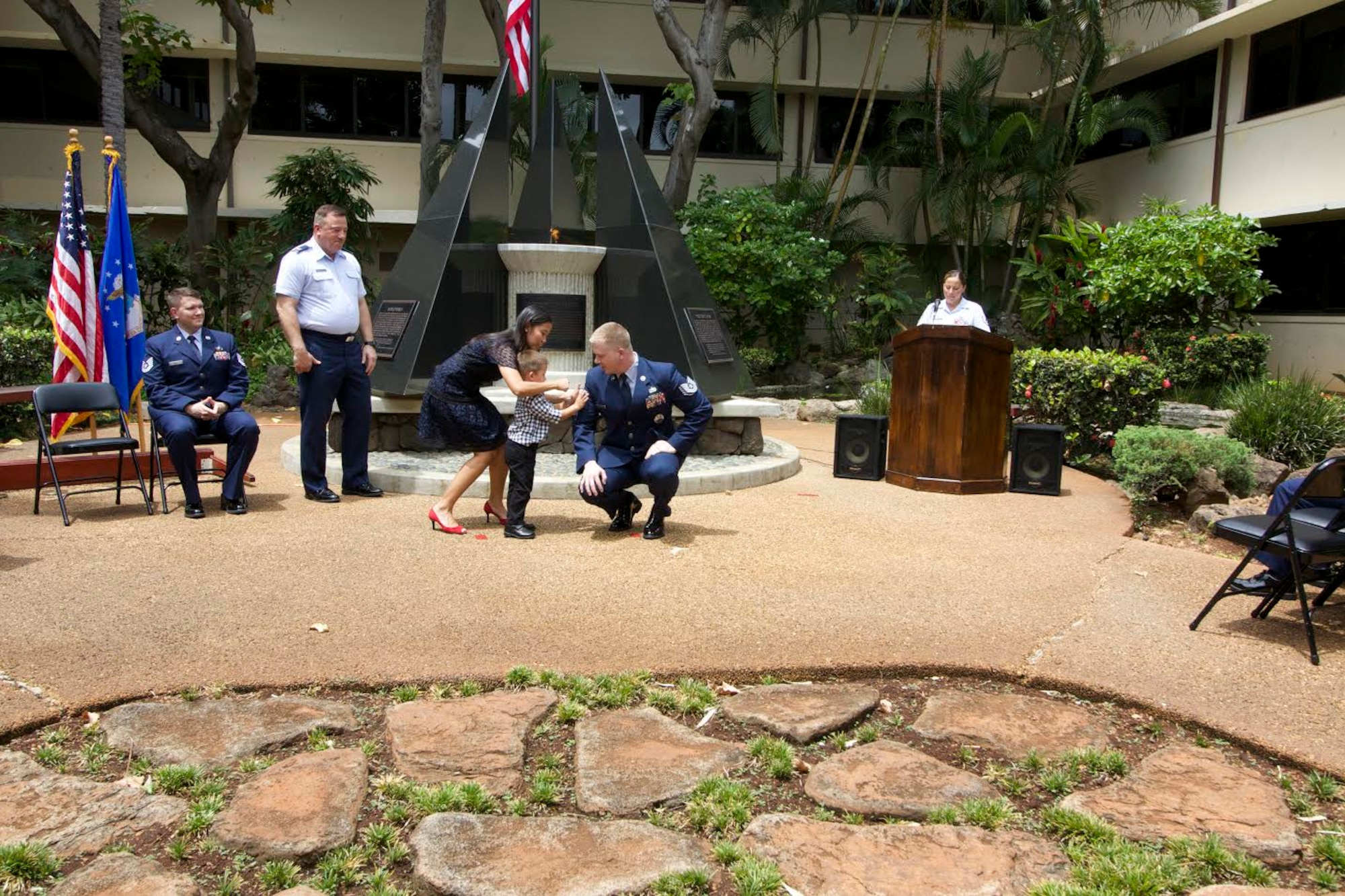 Catherine and Kian Margetiak help tack on Tech. Sgt. Josef Margetiak’s, 614th Air Operations Center section chief, new rank during his promotion to Tech. Sgt. In late July 2018, Margetiak was diagnosed with testicular seminoma cancer, and once cleared, he was diagnosed again in 2019. Despite two run-ins with cancer, Margetiak continues to serve in the U.S. Air Force at Vandenberg Air Force Base, Calif. (Courtesy photo)