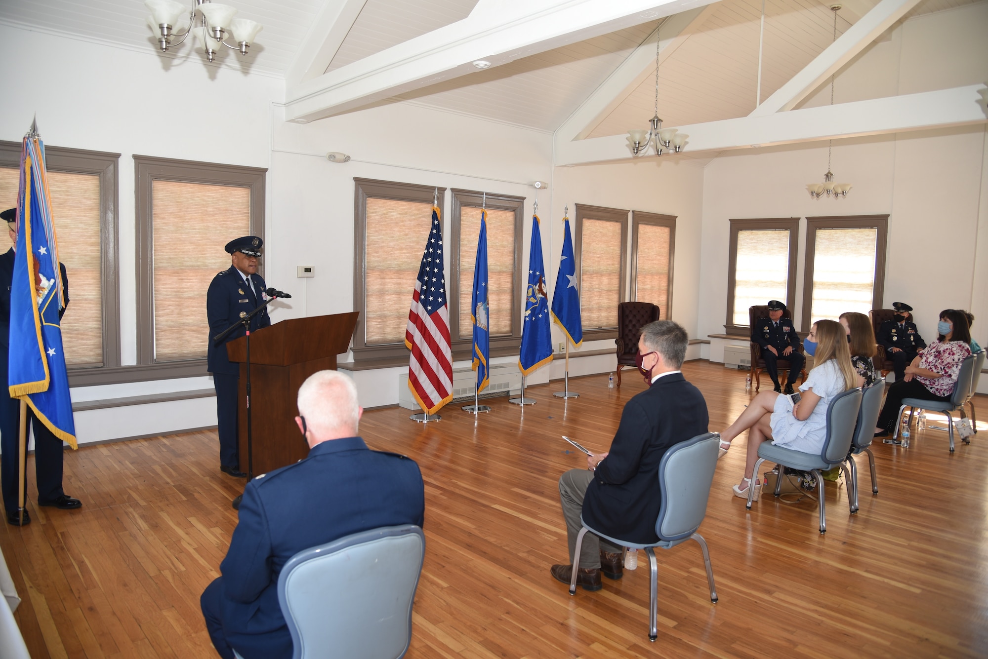Lt. Gen. Anthony Cotton, deputy commander of Air Force Global Strike Command, gives remarks during the 20th Air Force change of command ceremony, 8 July, 2020, F. E. Warren Air Force Base, Wyo. During the ceremony, Maj. Gen. Michael J. Lutton took command of 20th Air Force from Maj. Gen. Ferdinand “Fred” B. Stoss. (U. S. Air Force photo by Glenn S. Robertson)