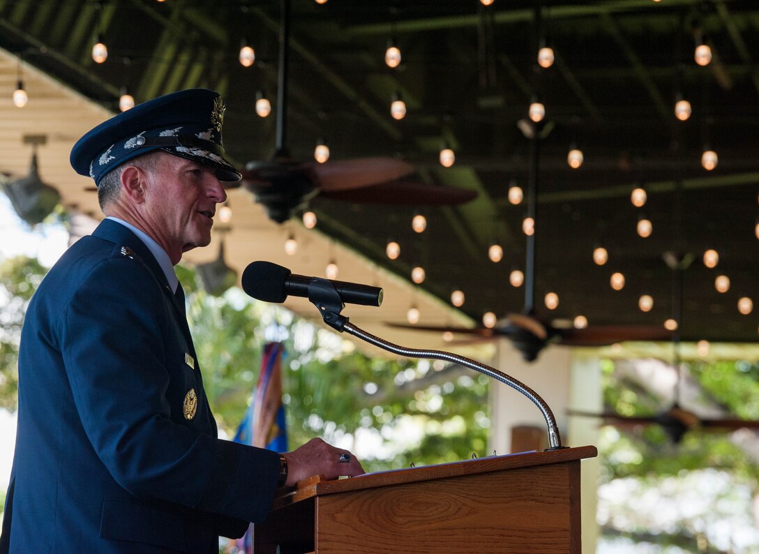 Gen. David L. Goldfein, Chief of Staff of the Air Force, gives his remarks during a Change of Command Ceremony on Joint Base Pearl Harbor-Hickam, Hawaii, July 8, 2020. During the ceremony, Gen. Kenneth S. Wilsbach assumed command of Pacific Air Forces from Gen. CQ Brown, Jr. (U.S. Air Force photo by Staff Sgt. Hailey Haux)