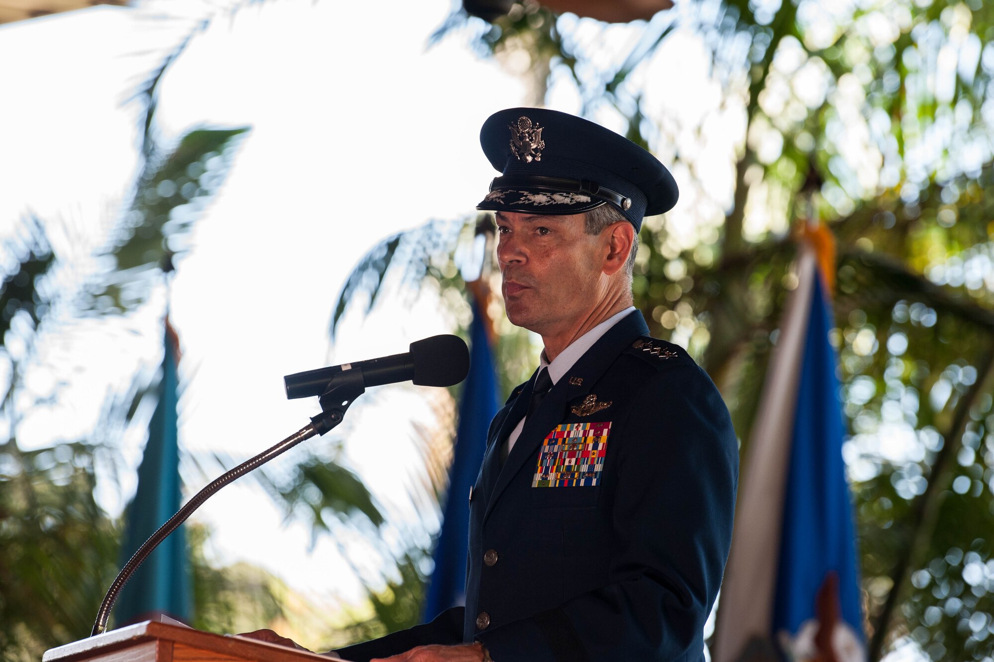 Gen. Kenneth S. Wilsbach, Pacific Air Forces commander, gives remarks during a Change of Command Ceremony on Joint Base Pearl Harbor-Hickam, Hawaii, July 8, 2020. Wilsbach assumed command of PACAF from Gen. CQ Brown, Jr. during the ceremony. Prior to taking the command at PACAF, Wilsbach served as the Commander, 7th Air Force and Deputy Commander, U.S. Forces Korea. Other assignments included, Alaskan Region, North American Aerospace Defense Command, Commander, Alaskan Command, U.S. Northern Command and Commander, 11th Air Force. (U.S. Air Force photo by Staff Sgt. Hailey Haux)