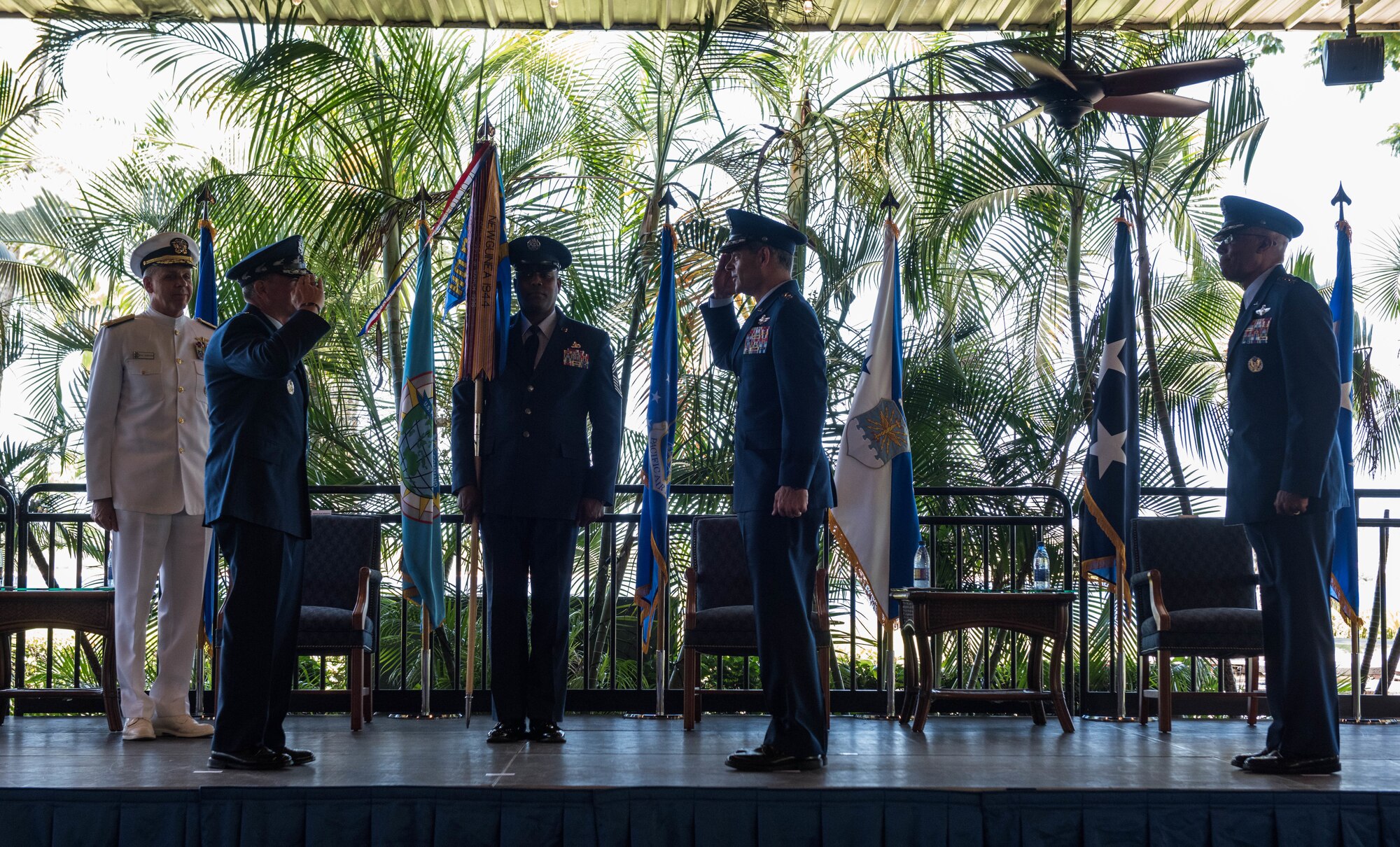 Gen. Kenneth S. Wilsbach salutes Gen. David L. Goldfein, Chief of Staff of the Air Force, as he assumes command of Pacific Air Forces from Gen. CQ Brown, Jr. during a Change of Command Ceremony on Joint Base Pearl Harbor-Hickam, Hawaii, July 8, 2020. As the 36th COMPACAF, Wilsbach now oversees approximately 46,000 Airmen, serving principally in Japan, Korea, Hawaii, Alaska and Guam. (U.S. Air Force photo by Staff Sgt. Hailey Haux)