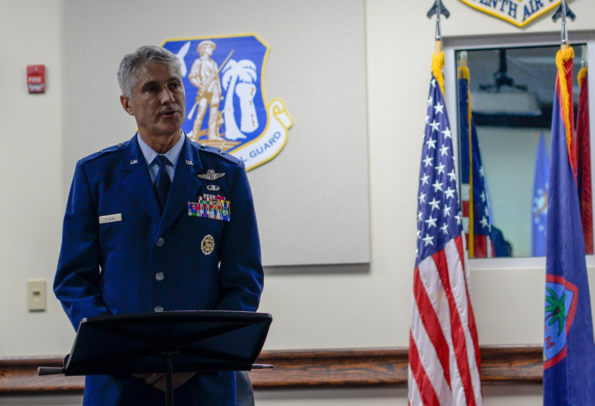 U.S. Air Force Brig. Gen. Jeremy T. Sloane offers remarks during a change of command ceremony July 8, 2020, at Andersen Air Force Base, Guam.